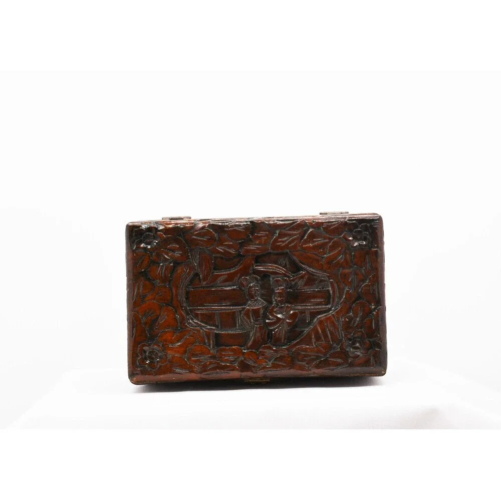 Classic Carved Asian Wooden Box with Red Felt Lining
